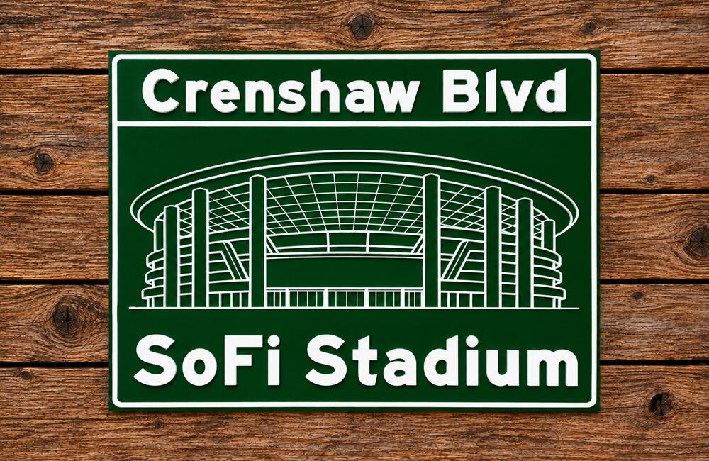 SoFi Stadium Los Angeles California Road Sign Crenshaw Blvd Street Exit Rams